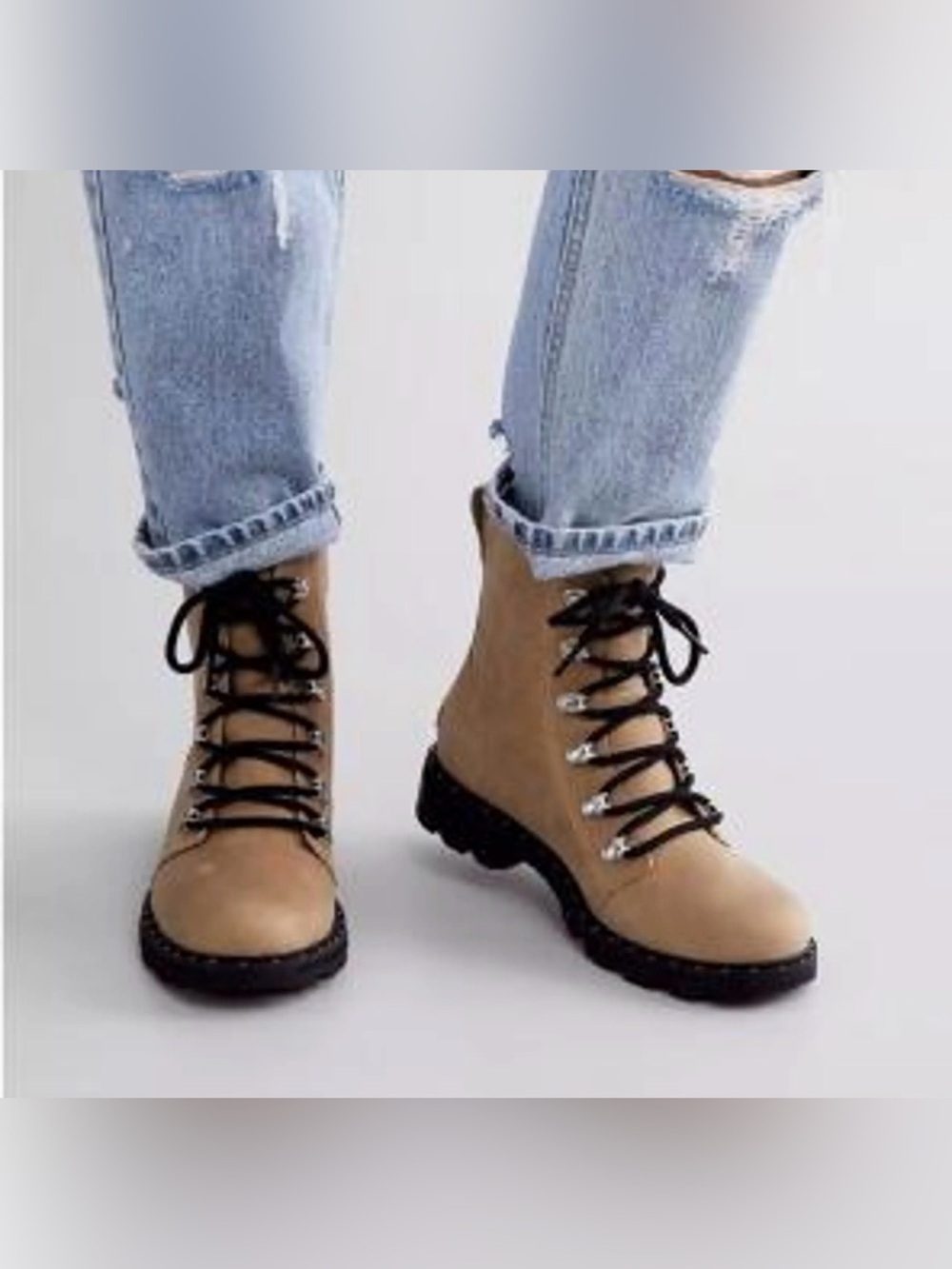 Sorel Lenox Lace-Up Nubuck Leather Lug Sole Combat Boots Beige 7.5